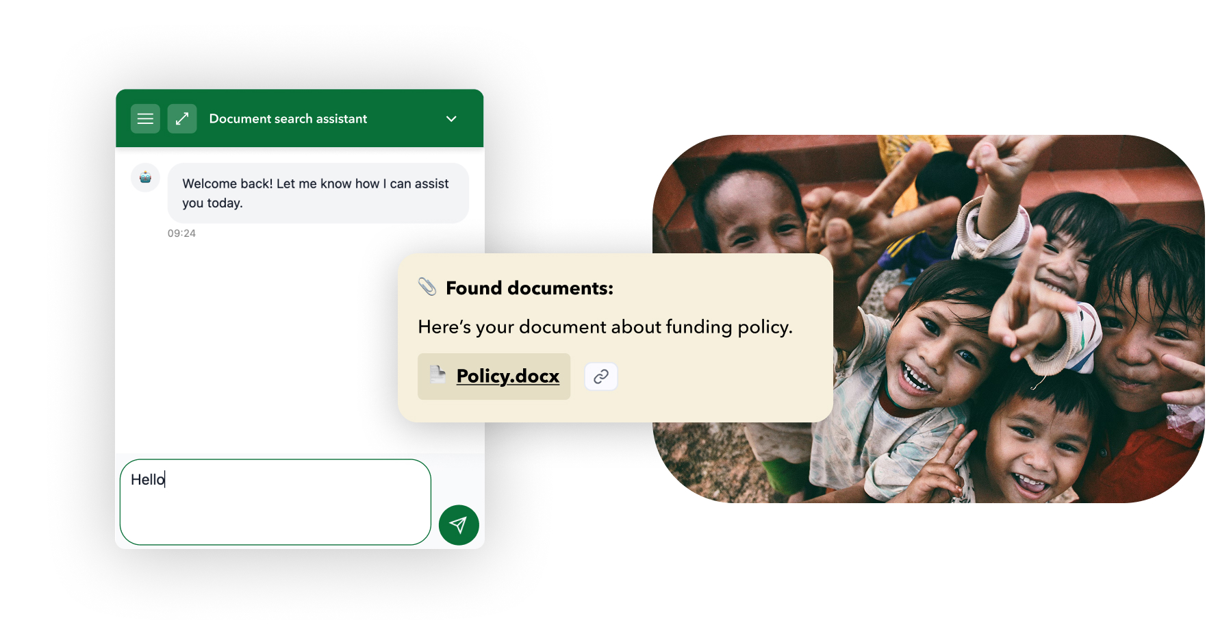 GOALie document search assistant chat interface alongside a photograph of children smiling and reaching toward the camera.