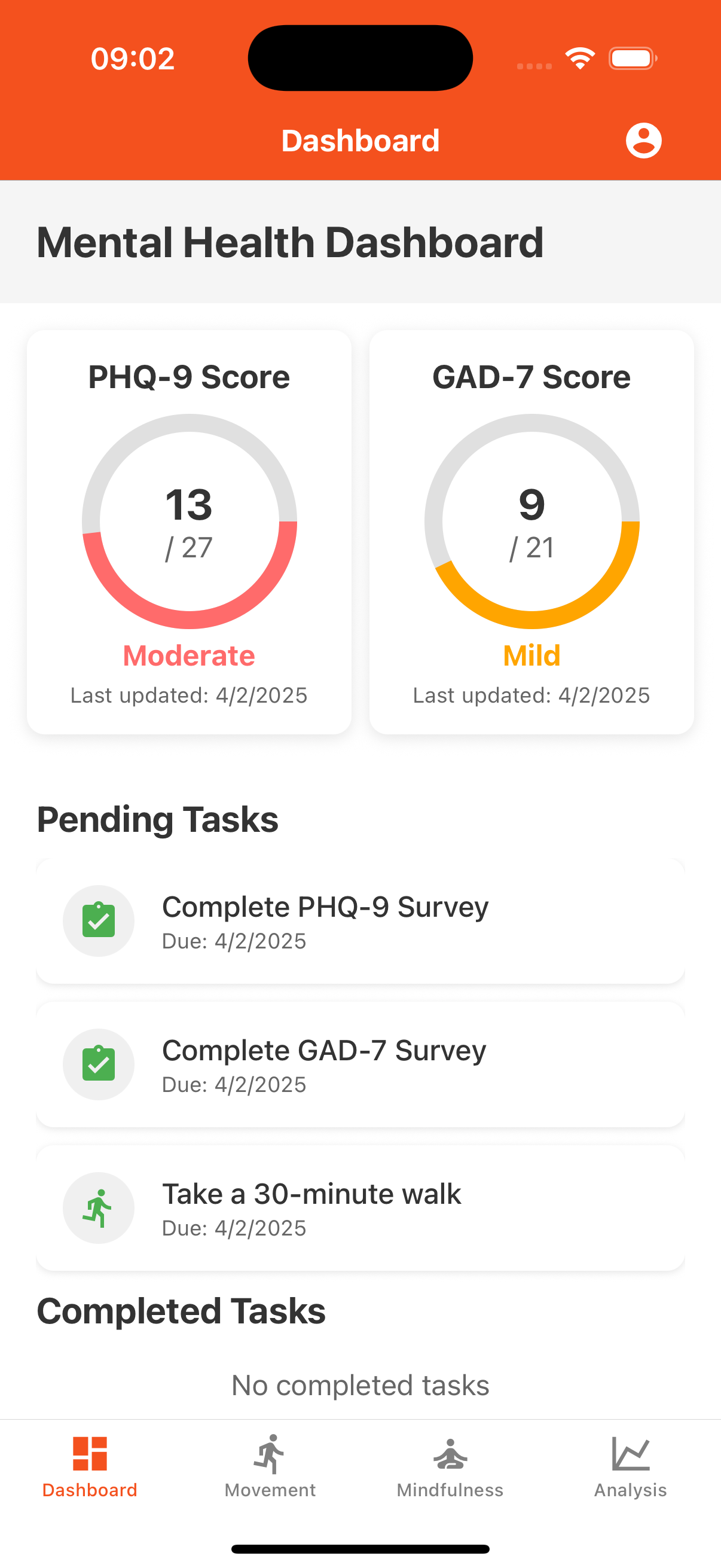 Myndgard mobile interface showing passive behavioural tracking screens used to monitor mental health between clinical appointments.