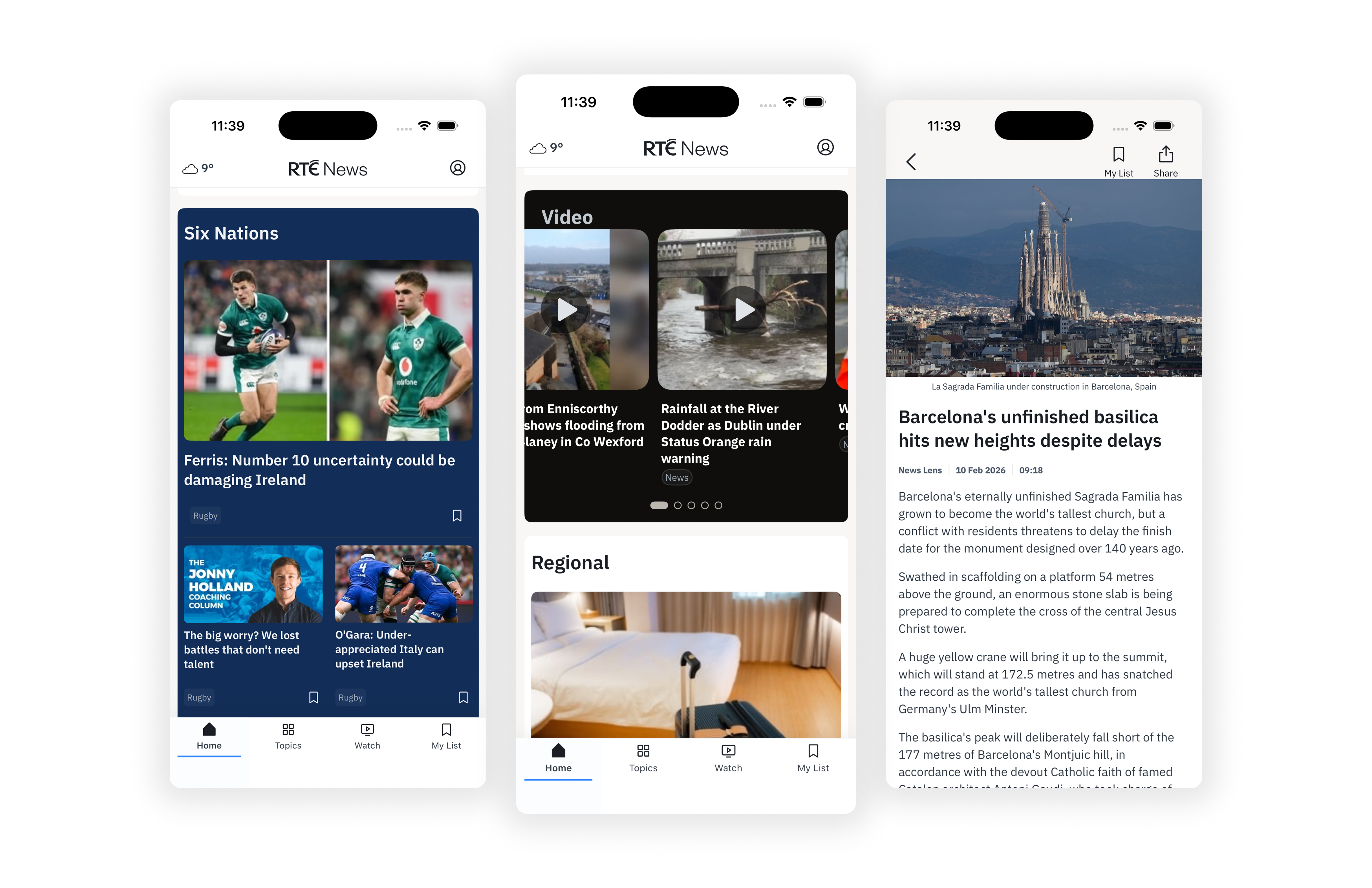 Three iPhones displaying the RTÉ News app, home screen, video feed, and a long-form article view.