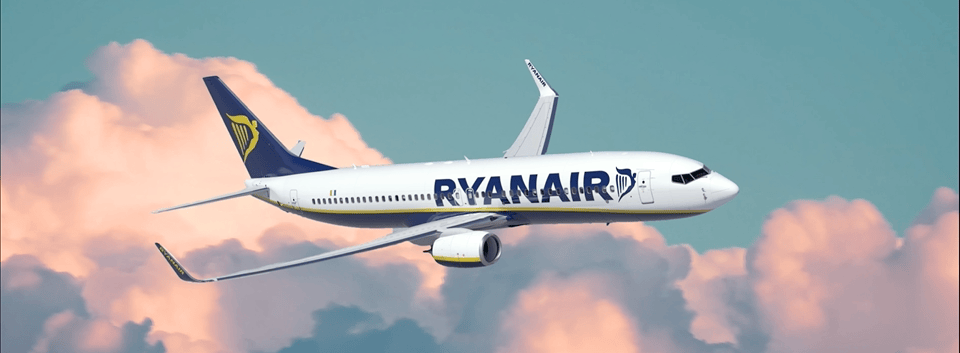 Animated Ryanair native mobile app showing the flight search and booking flow on iPhone and Android.