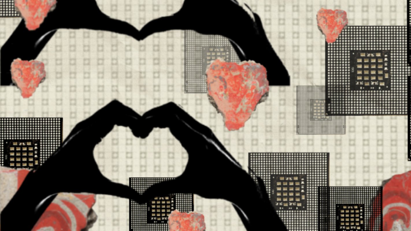 Collage of black silhouetted hands making heart shapes, among computer chips and red stone hearts on a gridded background.