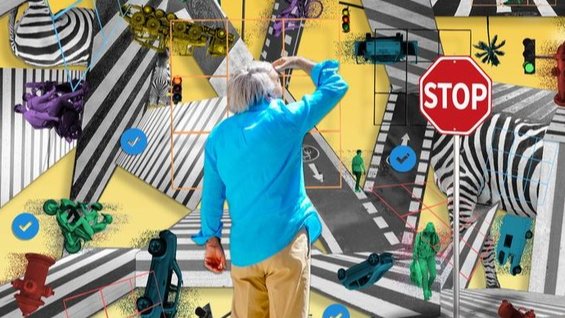 Illustration/montage featuring a person wearing a blue jacket looking at a stop sign