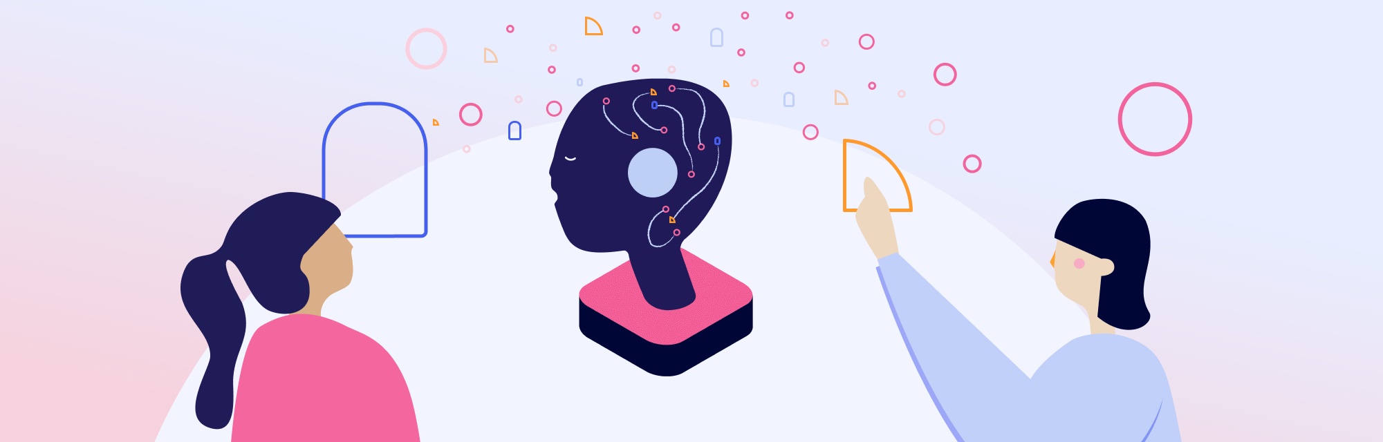 Editorial illustration of two women on either side of a stylised dark head busy with circuitry and ideas spilling upward, representing collaborative exploration with generative AI in a prototyping setting.