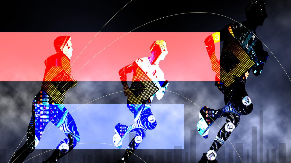 Three running human silhouettes made from a collage of circuit boards and computer chips, against grey smoke.